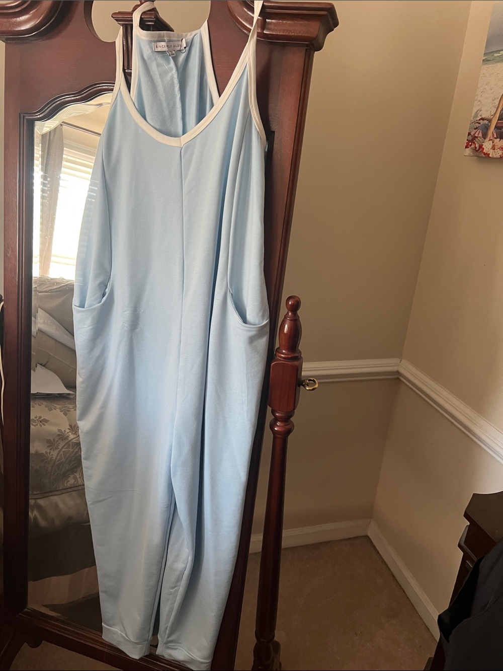 Sincerly Jules Light Blue Pajama Jumpsuit with Cream Trim